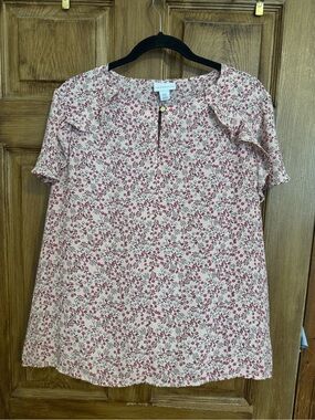 Liz Claiborne Light Pink Blouse with Dark Pink Floral Print and Ruffle Sleeves